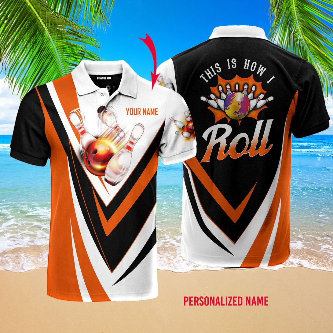 This Is How I Roll Bowling Black Orange Bowling Pins Custom Name Polo Shirt For Men & Women