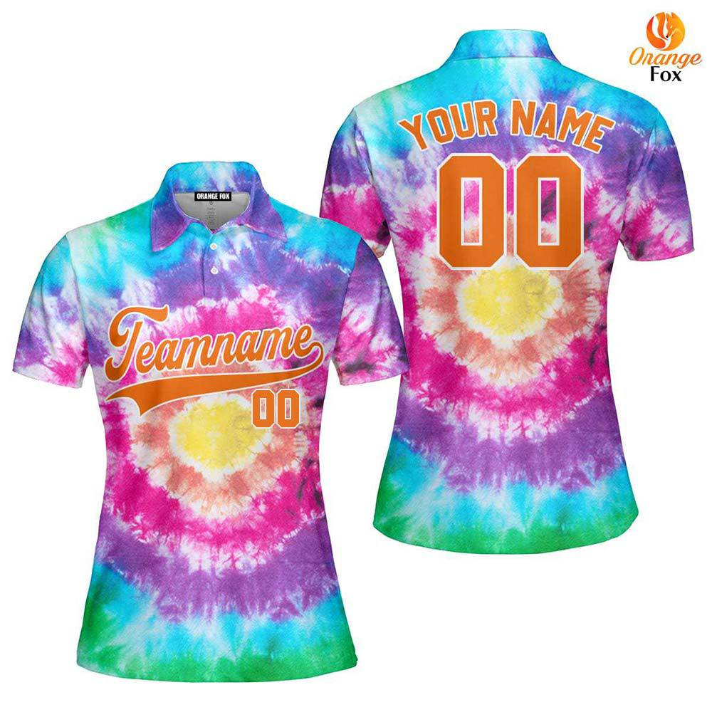 Tie Dye Orange White Custom Polo Shirt For Women