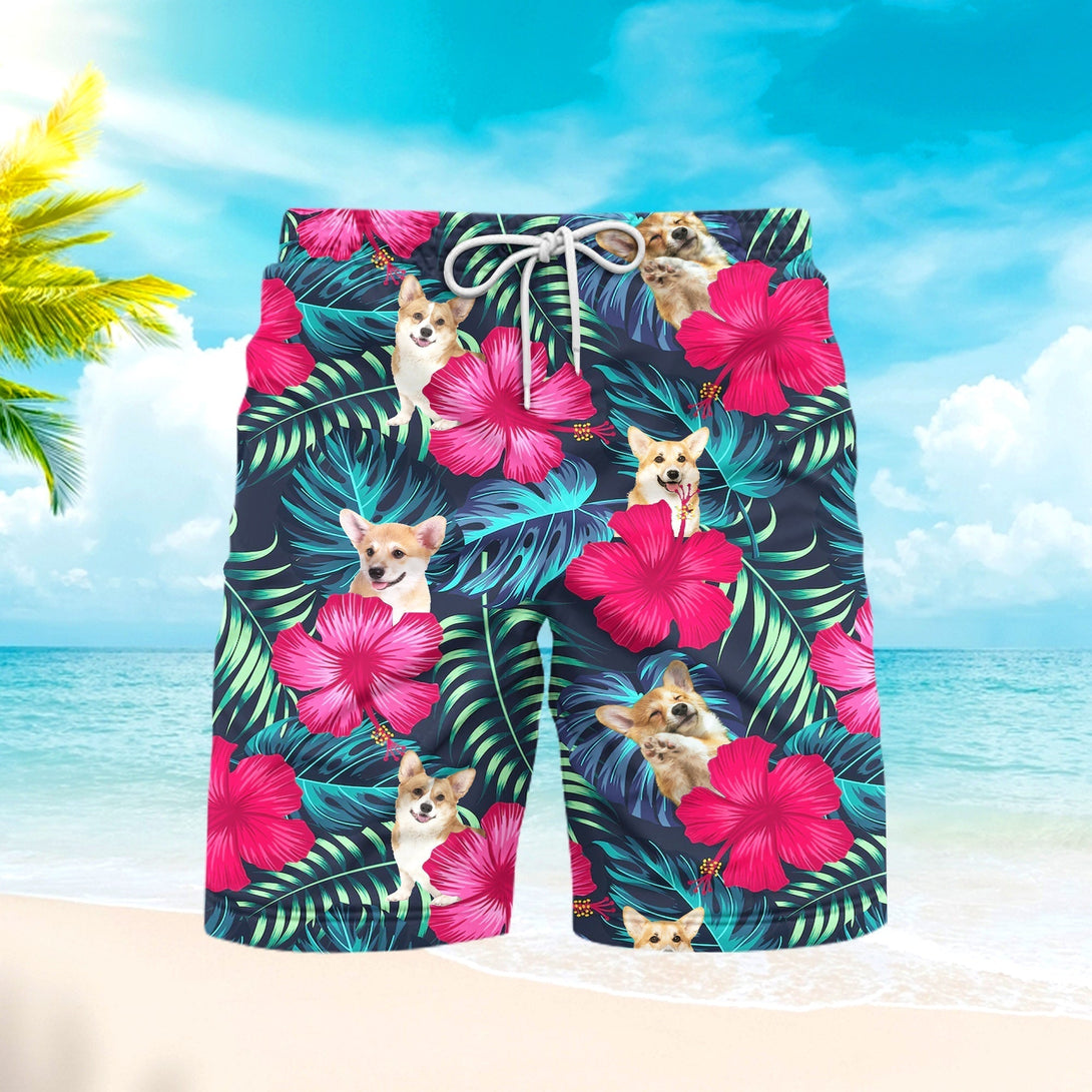 Tropical Hibiscus Don't Mess With Corgi Beach Shorts For Men