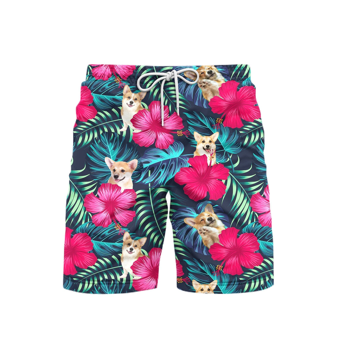 Tropical Hibiscus Don't Mess With Corgi Beach Shorts For Men