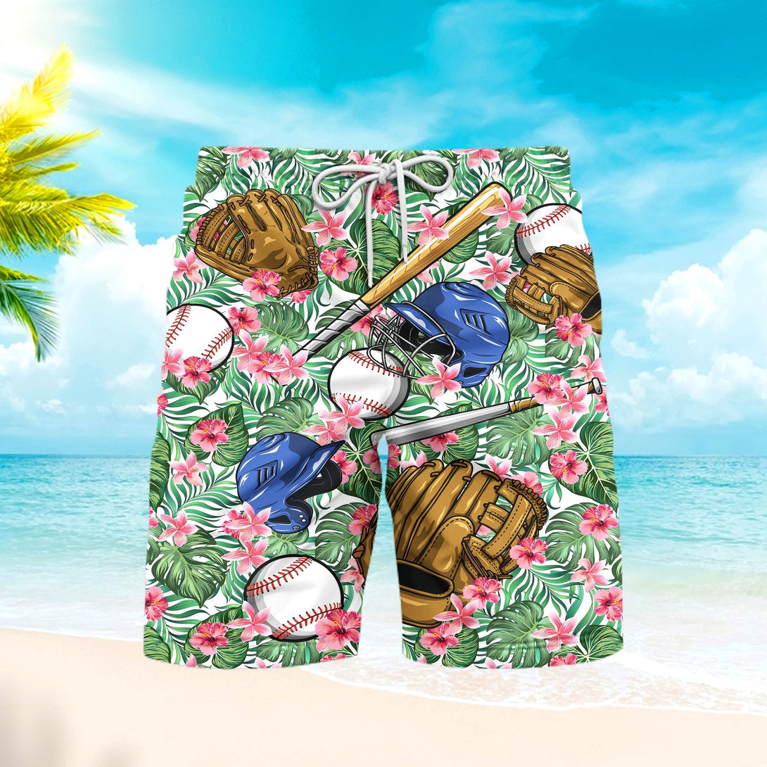Tropical Hibiscus Flowers Baseball Is My Life Beach Shorts For Men
