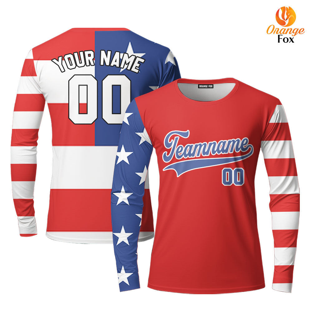 USA American Flag Red Blue White Custom Long Sleeve T-Shirt For Men & Women