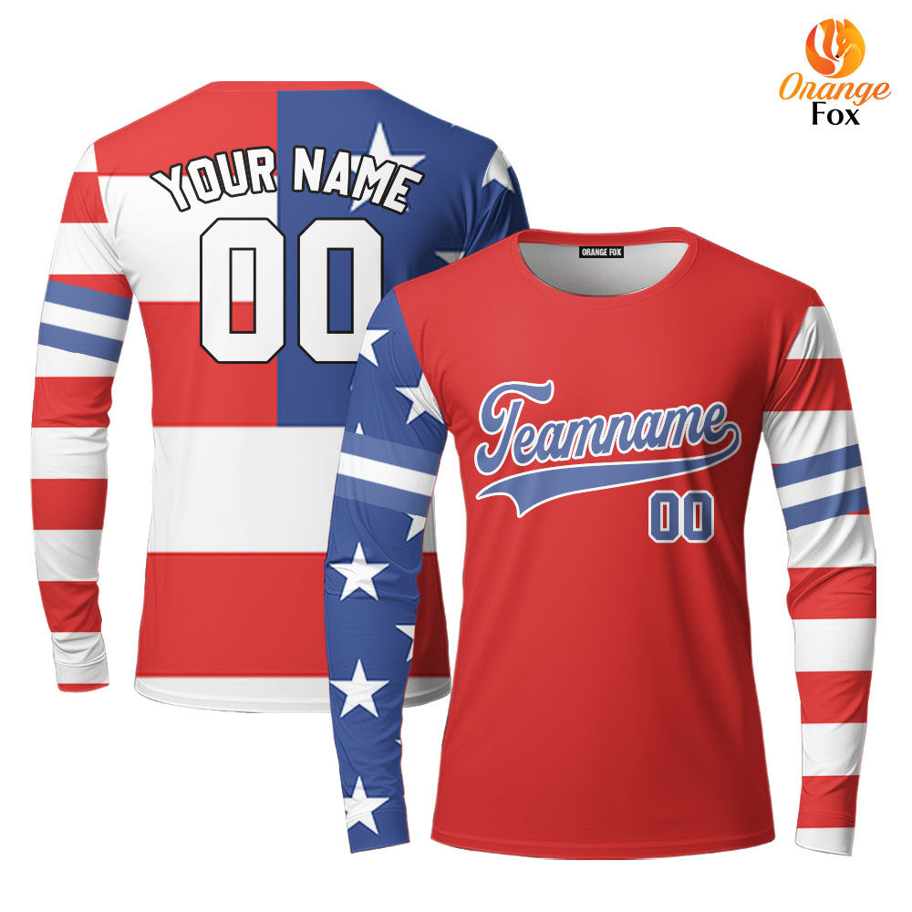 USA American Flag Red Blue White Custom Long Sleeve T-Shirt For Men & Women