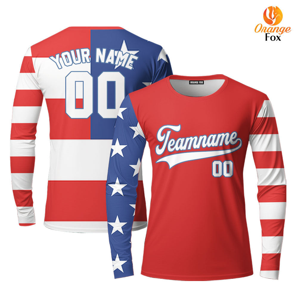 USA American Flag Red White Blue Custom Long Sleeve T-Shirt For Men & Women