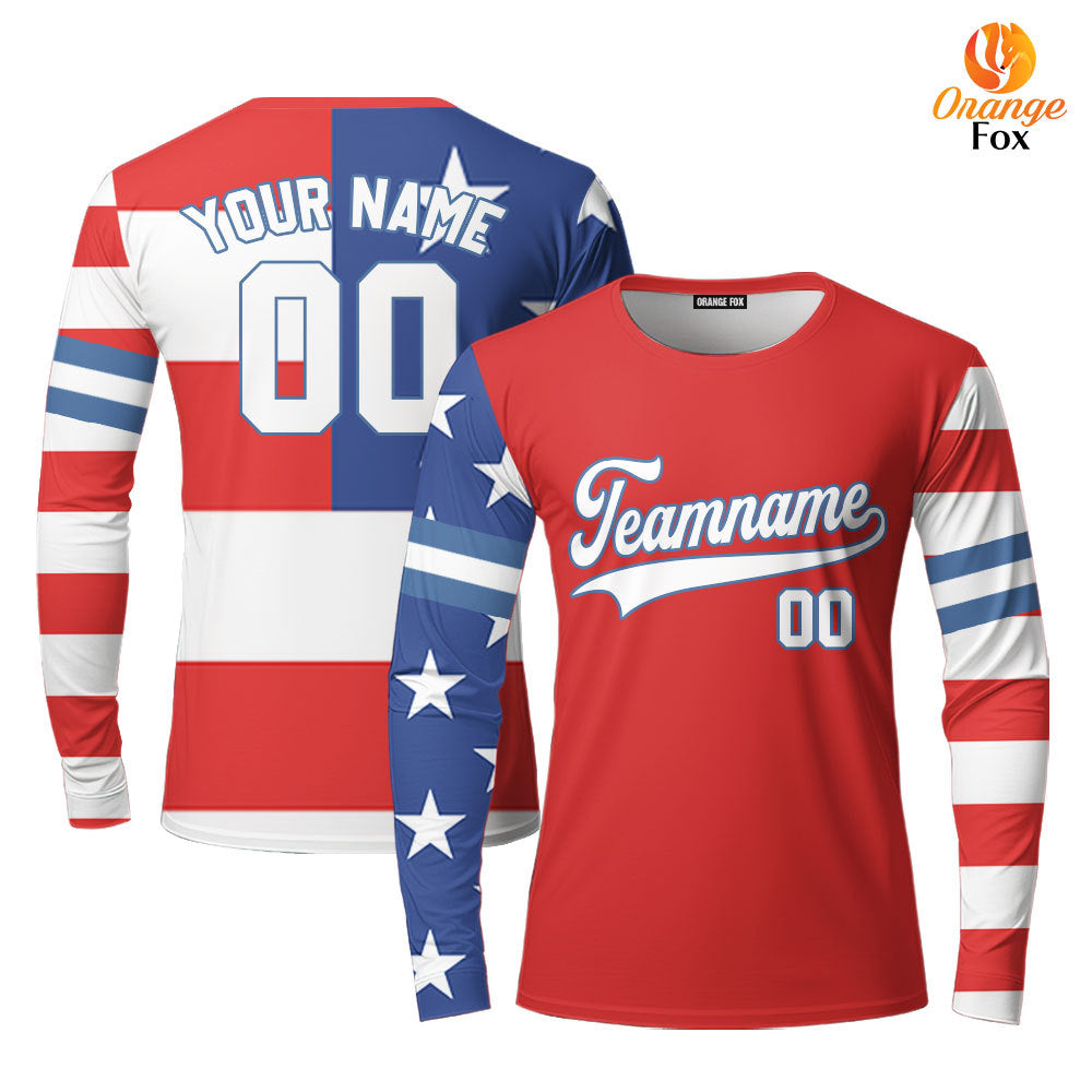 USA American Flag Red White Blue Custom Long Sleeve T-Shirt For Men & Women