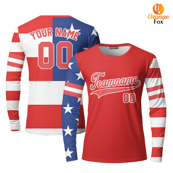 USA American Flag Red White Custom Long Sleeve T-Shirt For Men & Women