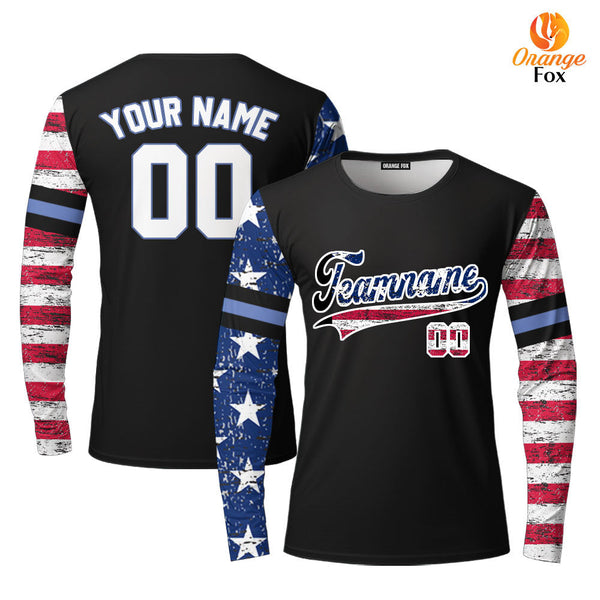 USA Black White Blue Custom Long Sleeve T-Shirt For Men & Women