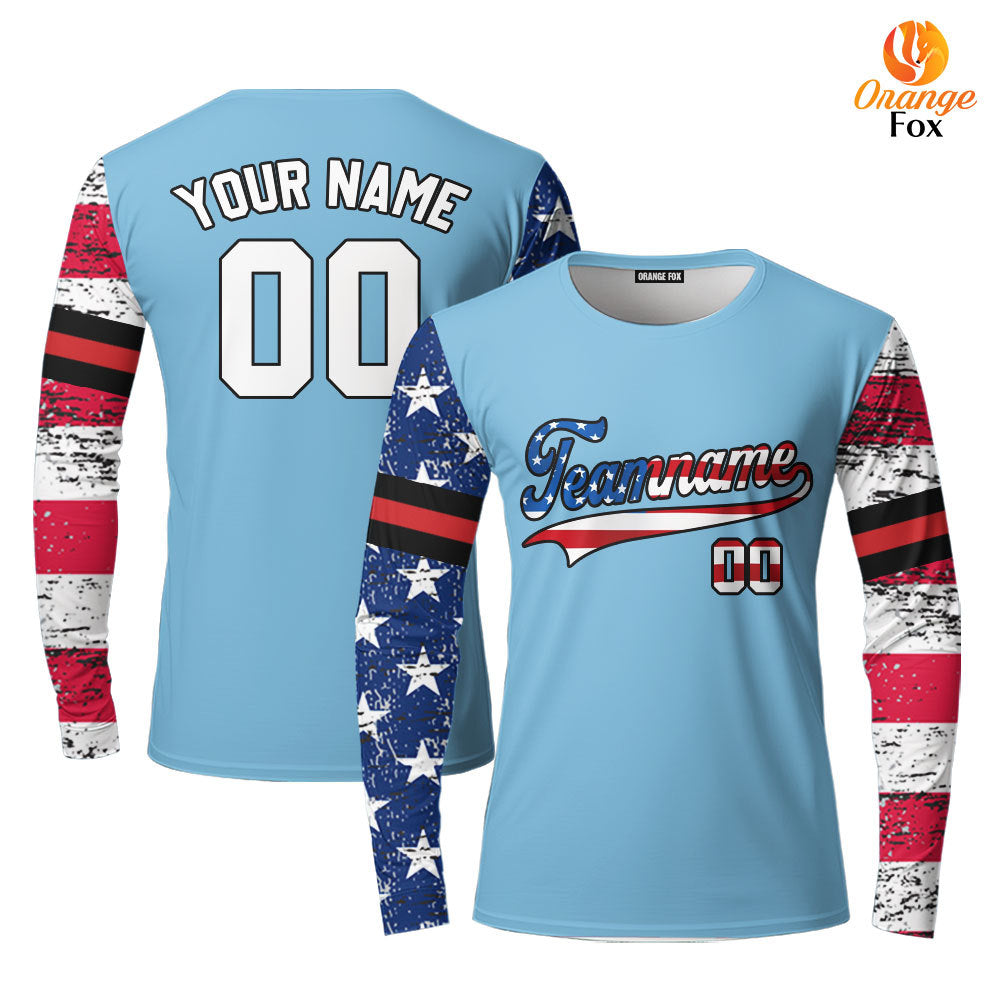 USA Light Blue Red Black Custom Long Sleeve T-Shirt For Men & Women