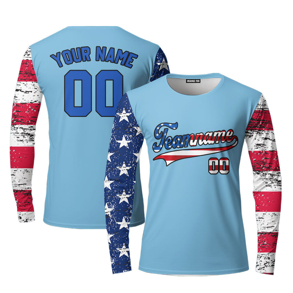 USA Light Blue White Blue Custom Long Sleeve T-Shirt For Men & Women