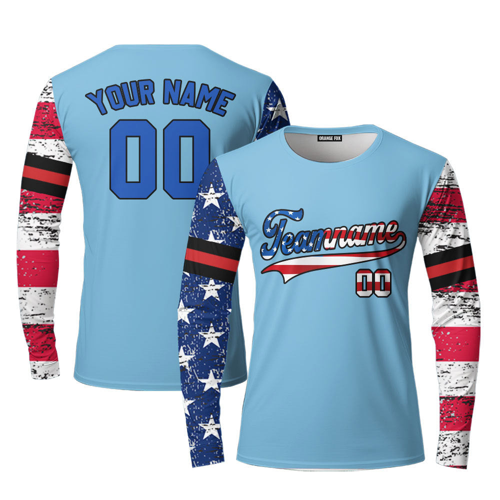 USA Light Blue White Blue Custom Long Sleeve T-Shirt For Men & Women