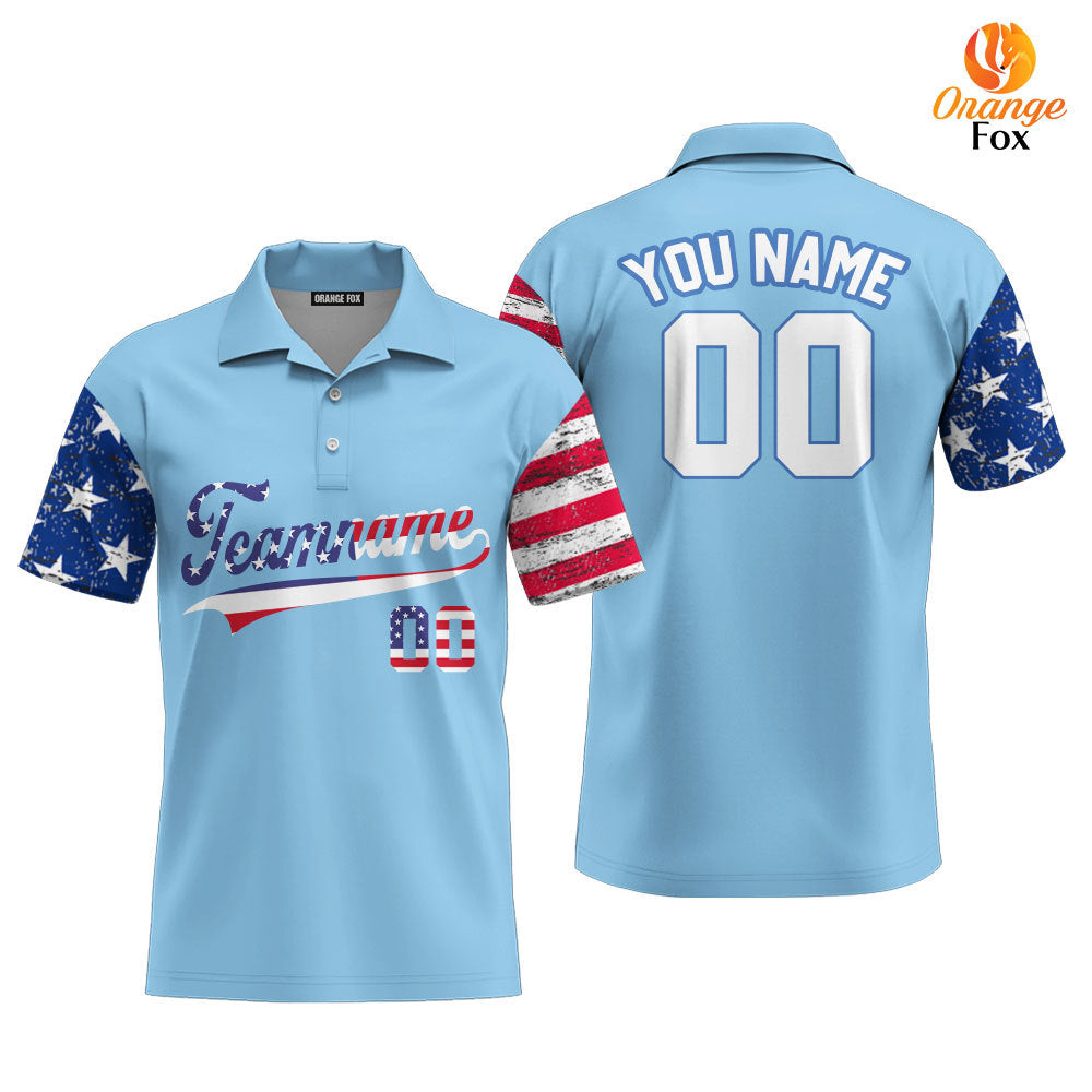 USA Light Blue White Blue Custom Polo Shirt For Men