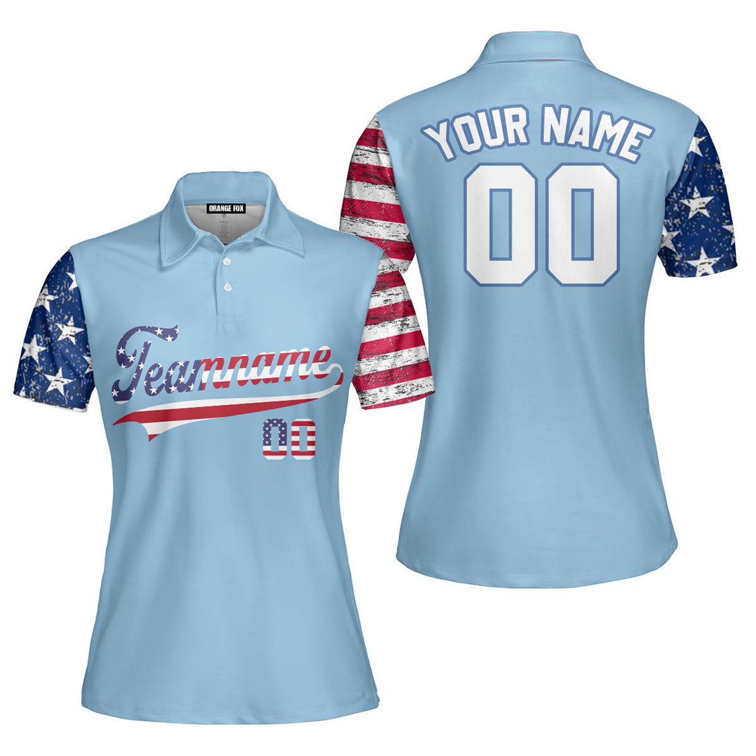 USA Light Blue White Blue Custom Polo Shirt For Women