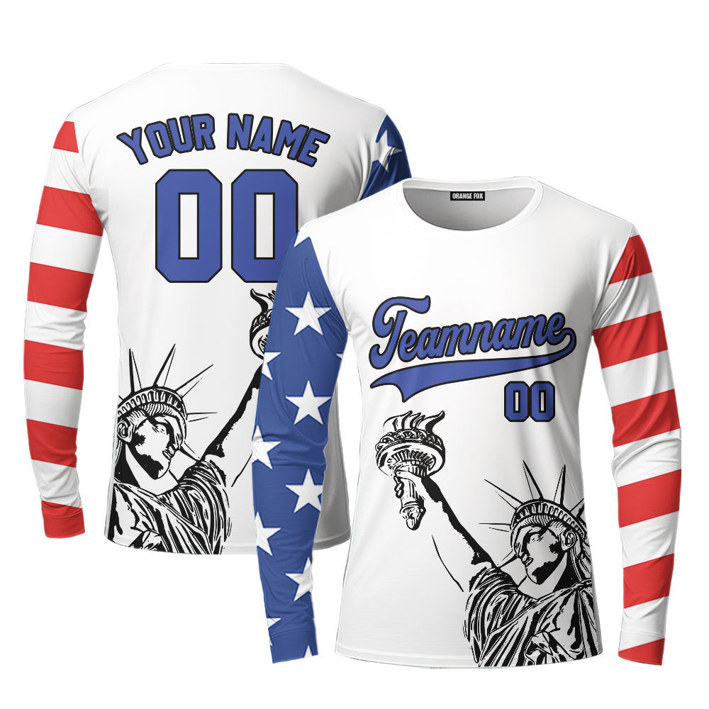 USA Statue of Liberty White Blue Black Custom Long Sleeve T-Shirt For Men & Women