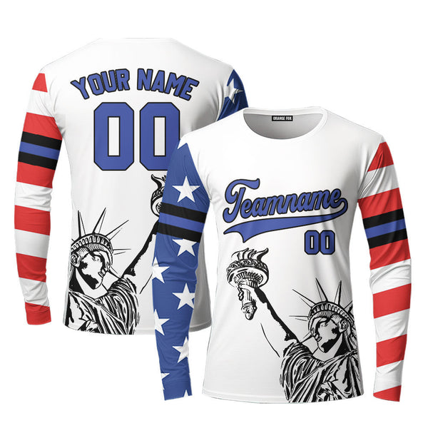 USA Statue of Liberty White Blue Black Custom Long Sleeve T-Shirt For Men & Women