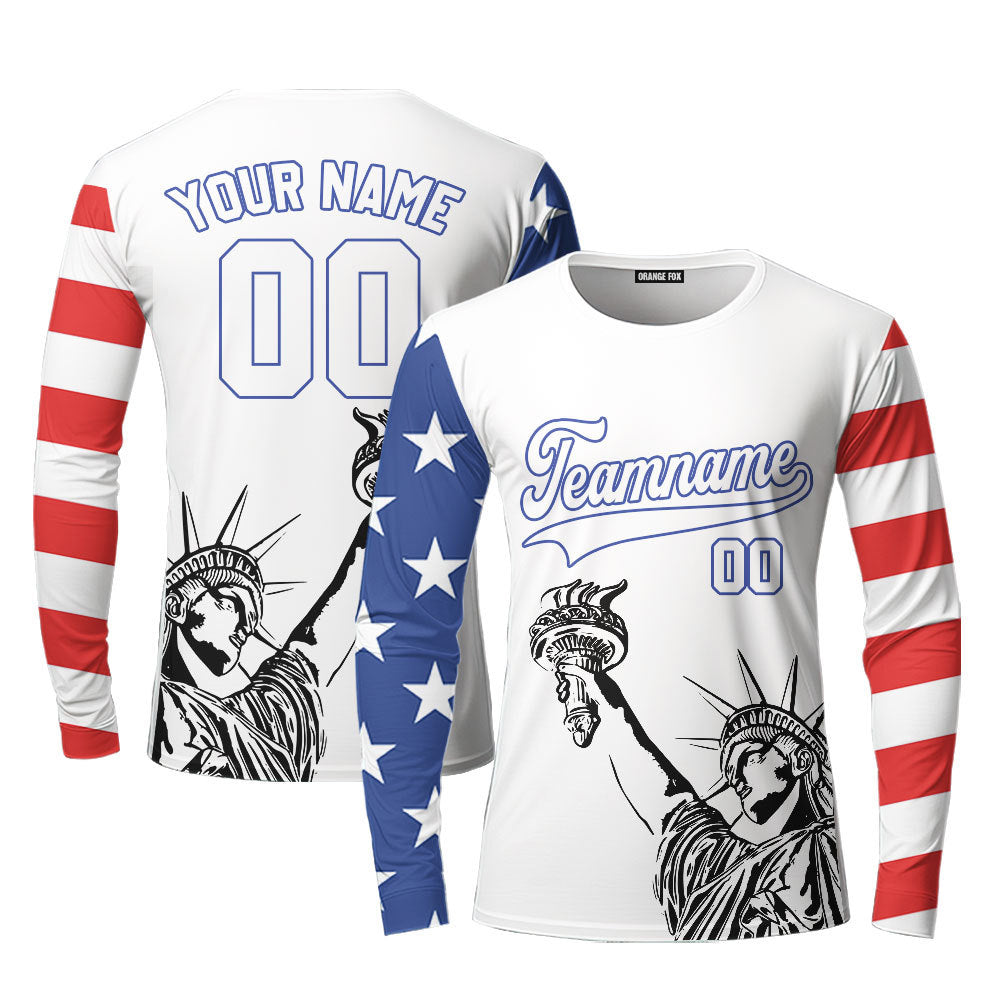 USA Statue of Liberty White Blue Custom Long Sleeve T-Shirt For Men & Women