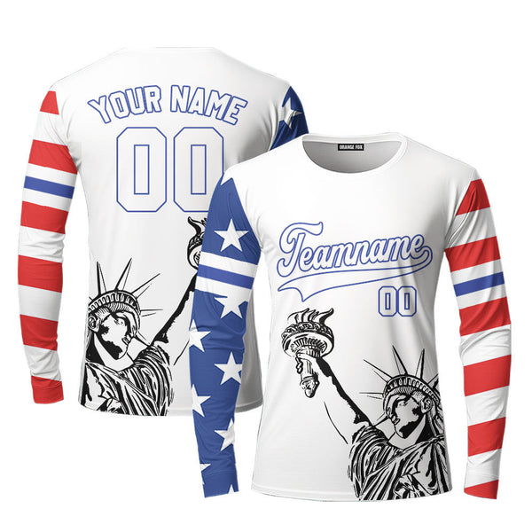 USA Statue of Liberty White Blue Custom Long Sleeve T-Shirt For Men & Women