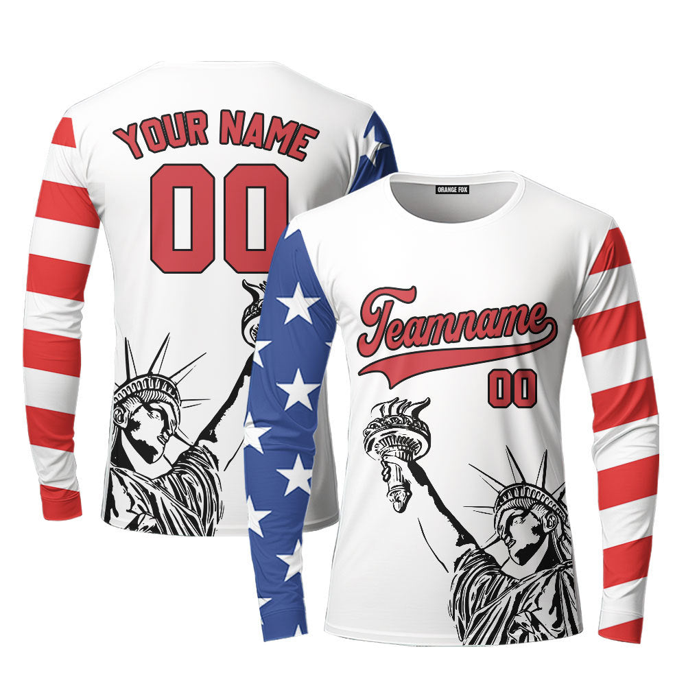 USA Statue of Liberty White Red Black Custom Long Sleeve T-Shirt For Men & Women