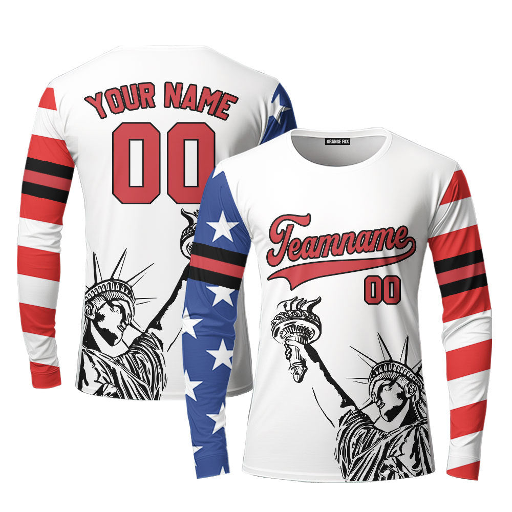 USA Statue of Liberty White Red Black Custom Long Sleeve T-Shirt For Men & Women