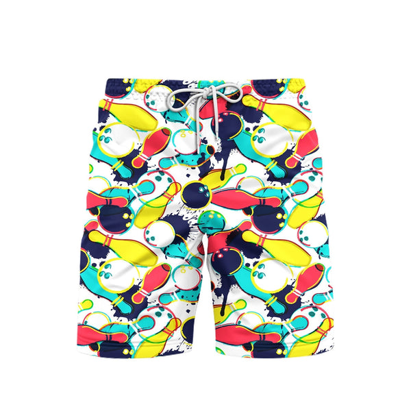 Watercolor Bowling Ball Pins Colorful Beach Shorts For Men