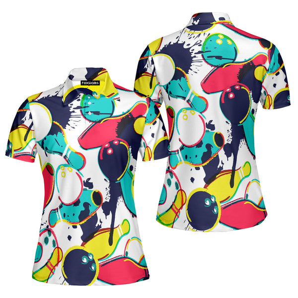 Watercolor Bowling Ball Pins Pullover Polo Shirt For Women