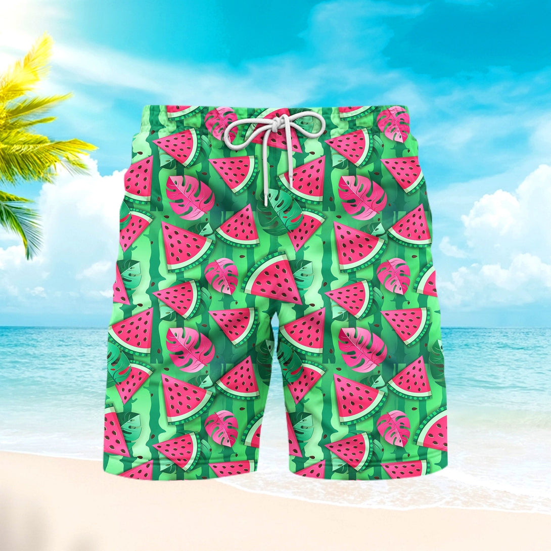 Watermelon Slices And Tropic Leaves Beach Shorts For Men