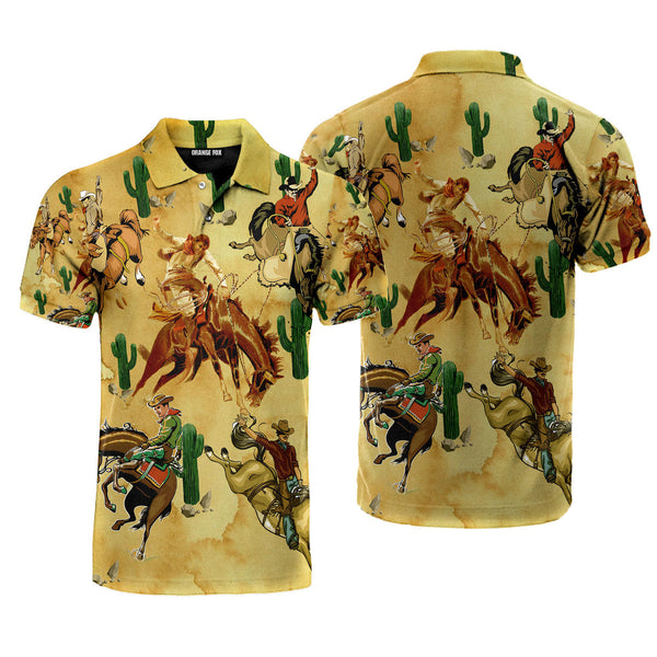 Western Cowboys Cowgirls - Gift For Men, Horse Racing Lovers - Cactus Vintage Polo Shirt