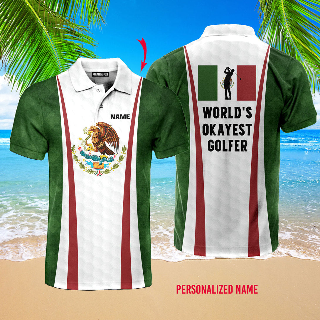 Worlds Okayest Golfer - Gift for Golf Lovers, Golfer - Mexico Flag Custom Name Polo Shirt For Men & Women