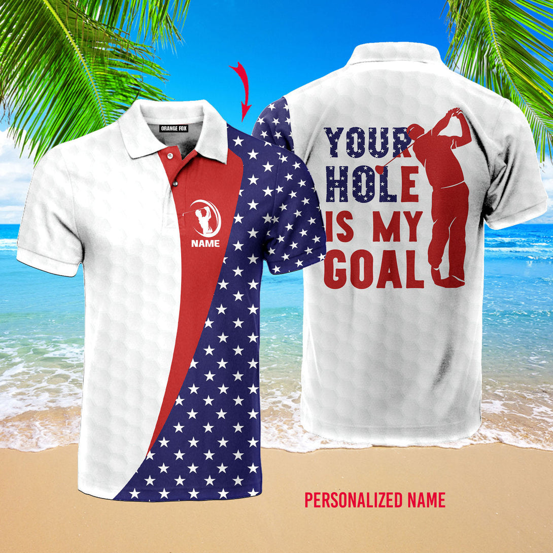 Your Hole is My Goal - Gift for Golf Lovers, Golf Players - American Flag Custom Name Polo Shirt For Men & Women