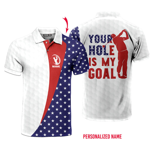 Your Hole is My Goal - Gift for Golf Lovers, Golf Players - American Flag Custom Name Polo Shirt For Men & Women
