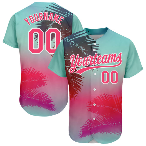 Custom Aqua Neon Pink-White Hawaii Palm Leaves Authentic Baseball Jersey