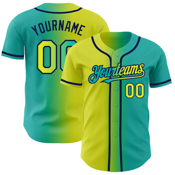 Custom Aqua Neon Yellow-Navy Authentic Gradient Baseball Jersey