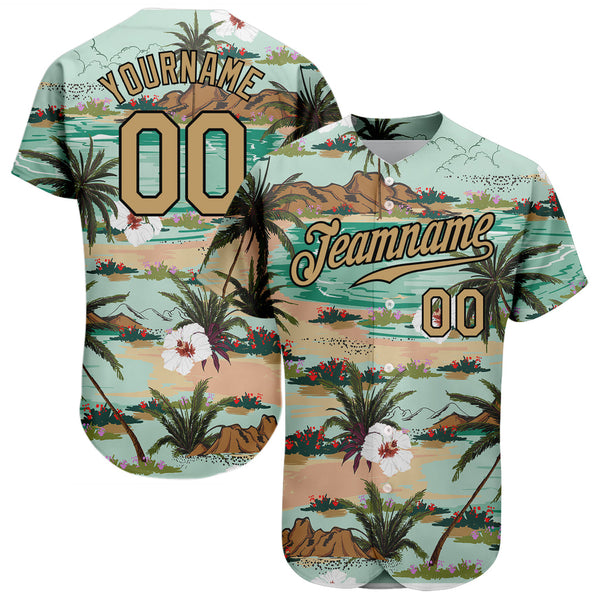 Custom Aqua Old Gold-Black Hawaii Palm Leaves Authentic Baseball Jersey 