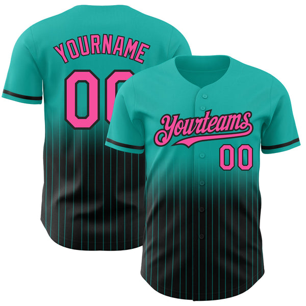 Custom Aqua Pinstripe Pink-Black Authentic Baseball Jersey