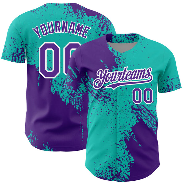 Custom Aqua Purple-White Abstract Brush Stroke Authentic Baseball Jersey