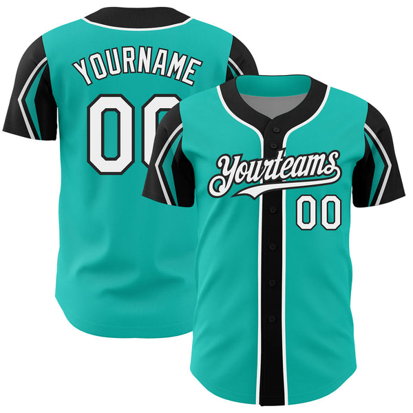 Custom Aqua White-Black Three Colors Arm Shapes Authentic Baseball Jersey