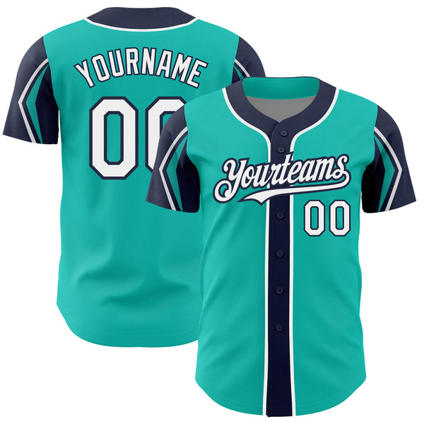 Custom Aqua White-Navy Three Colors Arm Shapes Authentic Baseball Jersey