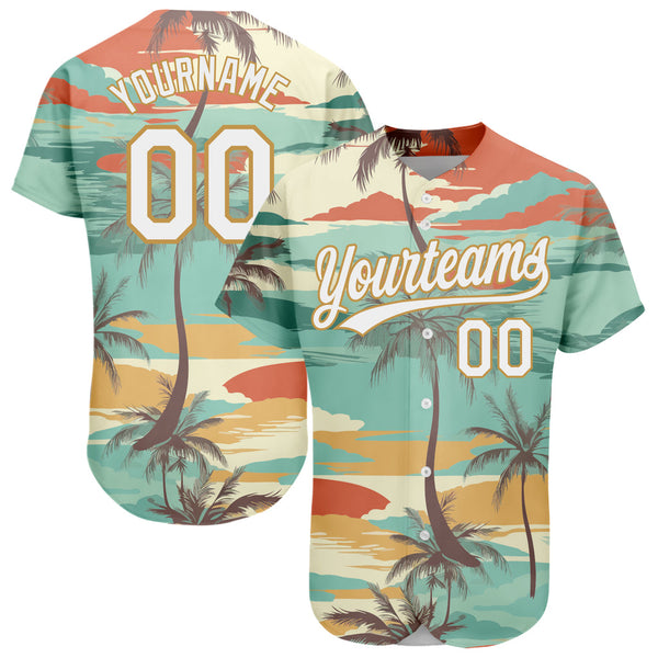 Custom Aqua White-Old Gold 3D Pattern Cartoon Hawaii Palm Trees Authentic Baseball Jersey