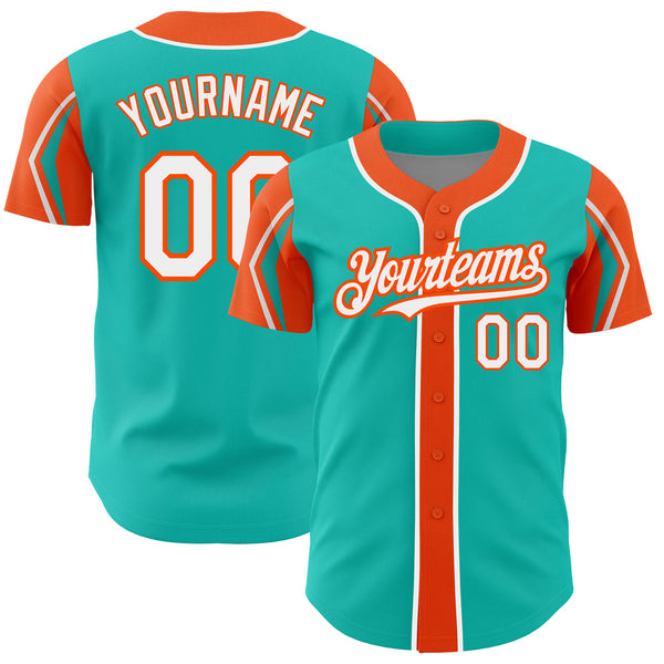 Custom Aqua White-Orange Three Colors Arm Shapes Authentic Baseball Jersey