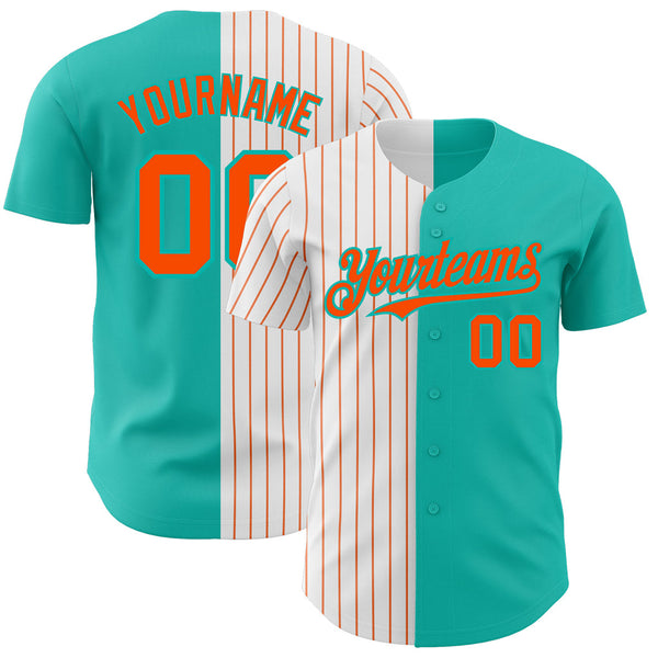 Custom Aqua White-Orange Pinstripe Authentic Split Baseball Jersey