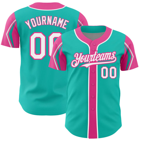 Custom Aqua White-Pink Three Colors Arm Shapes Authentic Baseball Jersey