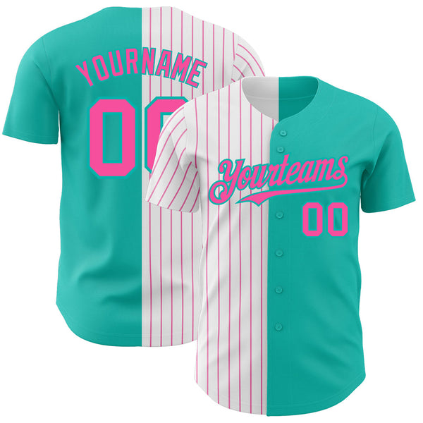 Custom Aqua White-Pink Pinstripe Authentic Split Baseball Jersey