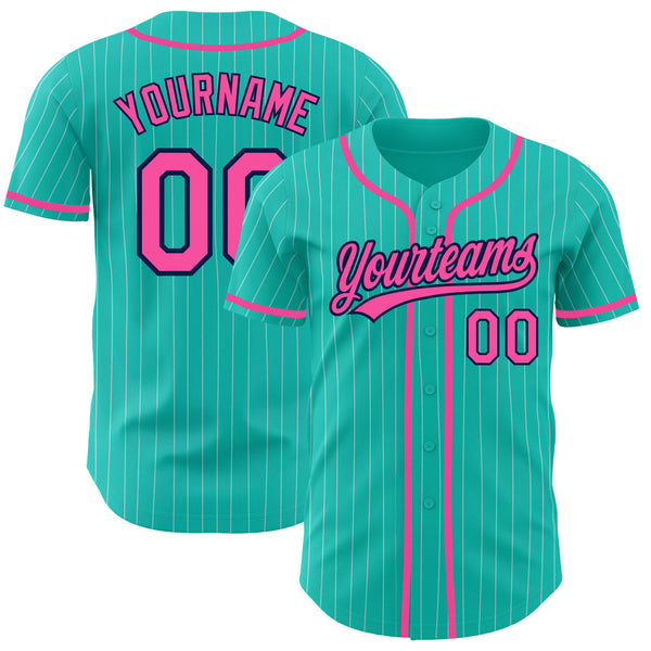 Custom Aqua White Pinstripe Pink Authentic Baseball Jersey