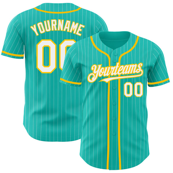 Custom Aqua White Pinstripe Yellow Authentic Baseball Jersey