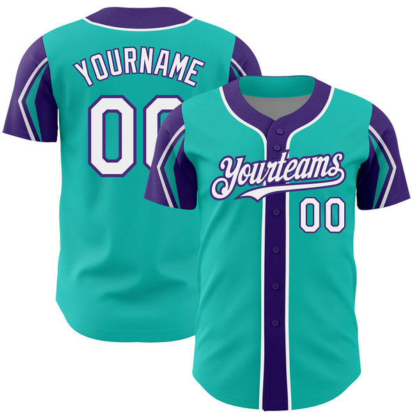 Custom Aqua White-Purple Three Colors Arm Shapes Authentic Baseball Jersey