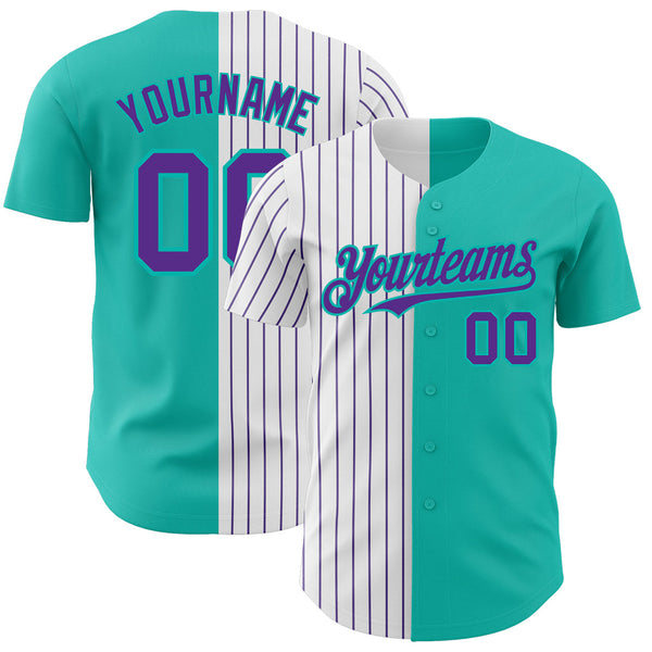 Custom Aqua White-Purple Pinstripe Authentic Split Baseball Jersey