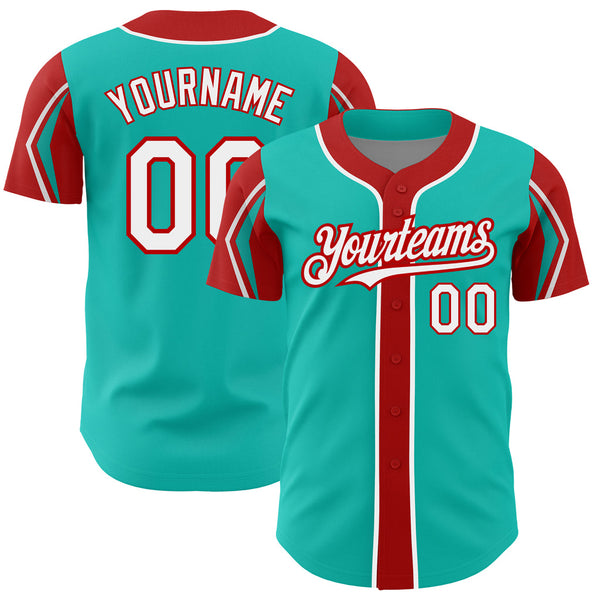 Custom Aqua White-Red Three Colors Arm Shapes Authentic Baseball Jersey