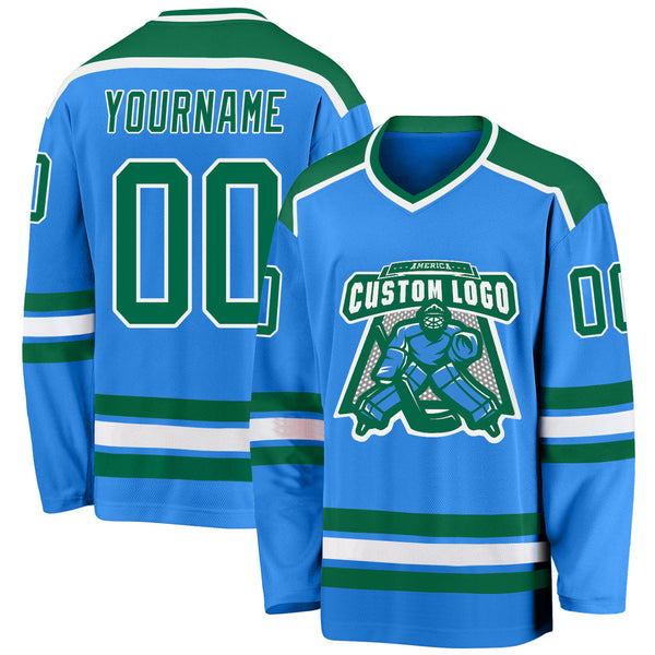 Custom Powder Blue Kelly Green-White V Neck Hockey Jersey