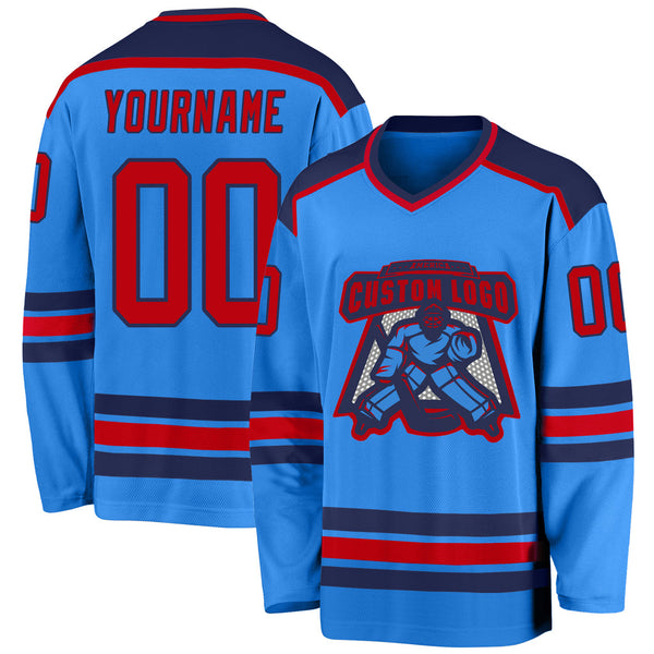 Custom Powder Blue Red-Navy V Neck Hockey Jersey