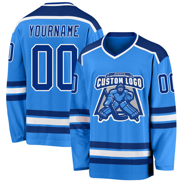 Custom Powder Blue Royal-White V Neck Hockey Jersey