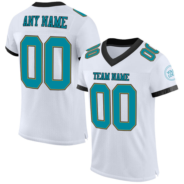 Custom White Teal Old Gold Black Mesh Authentic Football Jersey